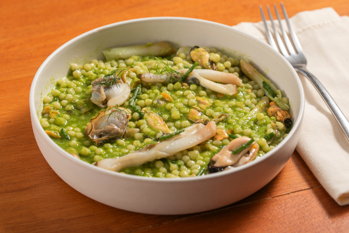 Fregola with seafood and samphire