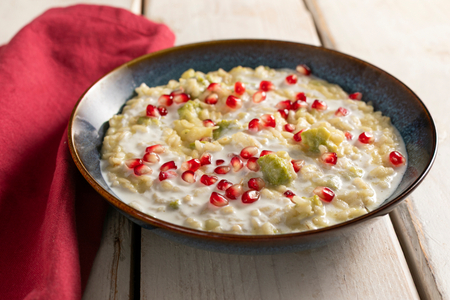 Risotto with Romanesco broccoli, pomegranate, and kefir