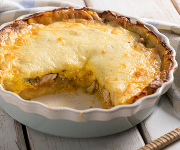 Potato pie with chicken and mushrooms