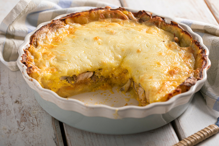 Potato pie with chicken and mushrooms