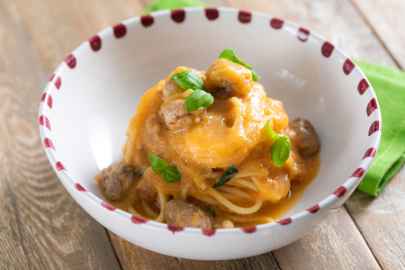 Spaghetti with Sausage Meatballs and Yellow Tomato Sauce