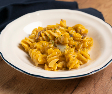 Giant Fusilli with Pumpkin Cream, Salted Cod, and Olives