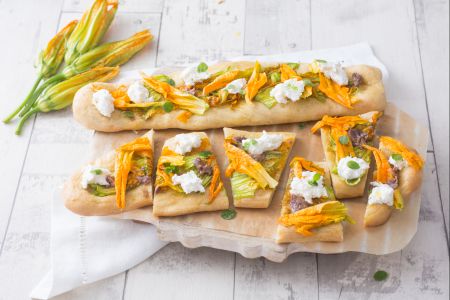 Focaccia with Anchovies, Zucchini Flowers, and Burrata