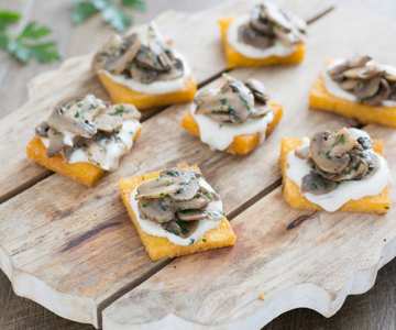 Polenta Crostini with Mushrooms and Grana Padano Fondue