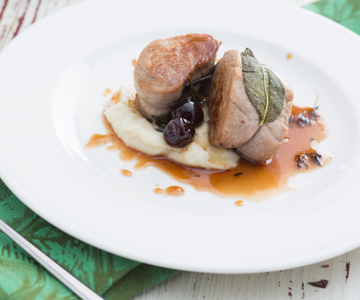 Pork Tenderloin with Sour Cherries and Potato Cream