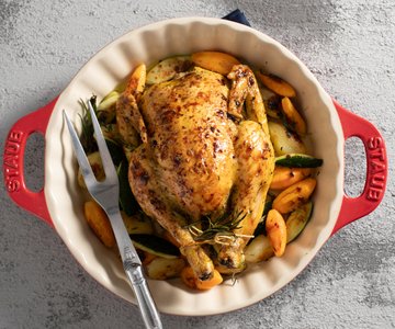 Roast chicken with turned vegetables