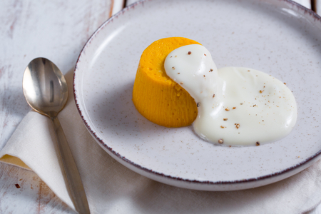 Pumpkin flan with gorgonzola fondue