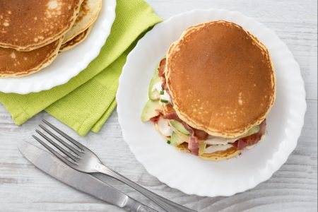 Savory pancakes with bacon and crème fraîche