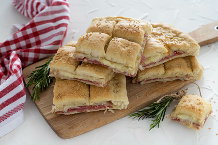 Rustic focaccia with salami and cheese