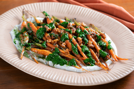 Roasted Carrots with Honey, Goat Cheese and Green Sauce