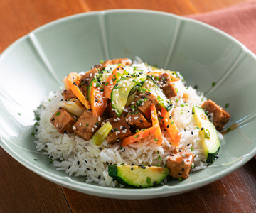 Basmati rice with soy-marinated tofu and stir-fried vegetables