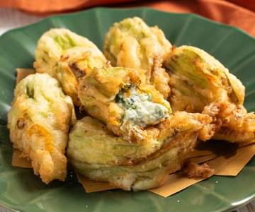 Stuffed Zucchini Blossoms with Ricotta, Zucchini, Fresh Herbs, and Light Lemon Batter