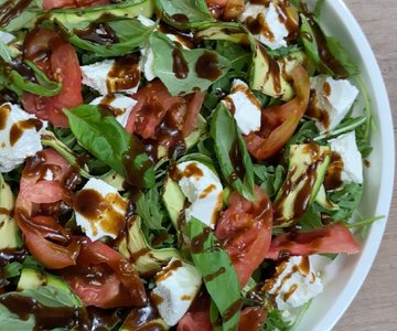 Grilled Zucchini Salad with Fresh Cheese, Arugula, Heirloom Tomatoes & Basil