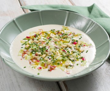 Cashew & Blanched Almond Gazpacho with Cucumber-Radish Tartare