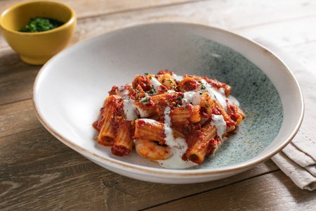 Pasta with nduja, prawns and stracciatella