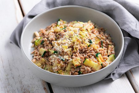 Farro salad with grilled zucchini and almonds
