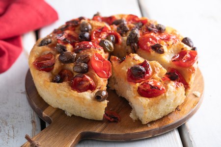 Air Fryer Focaccia with Cherry Tomatoes and Olives