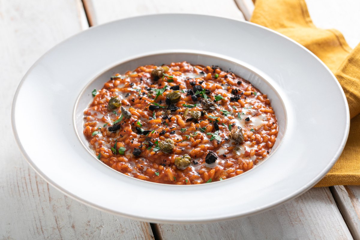 Puttanesca risotto with roasted tomatoes