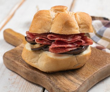 Salami sandwich with provolone cream and grilled eggplant